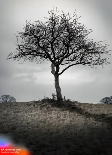 Firefly_A+melancholic, atmospheric image of a solitary apple tree standing tall in a somber, desolate landscape. The stark contrast of the barren environment emphasizes the tree's resilience, with gnar